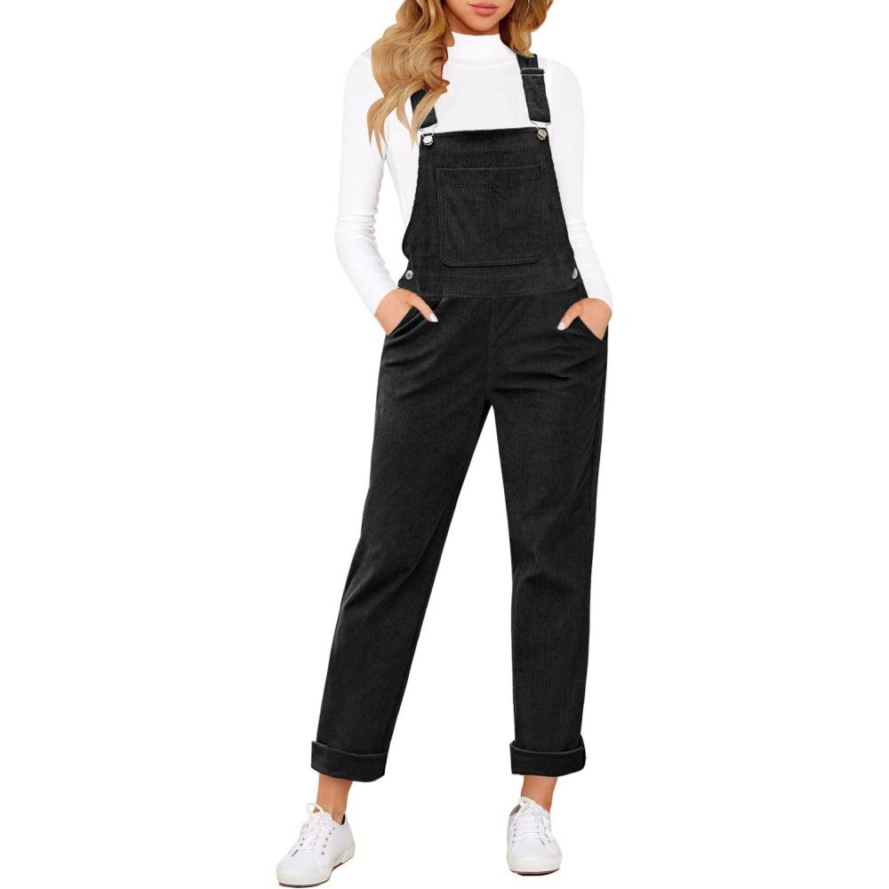 imageLookbookStore Womens Overalls Corduroy Bib Adjustable Straps Fashion Jumpsuit Overall for Women with PocketBlack