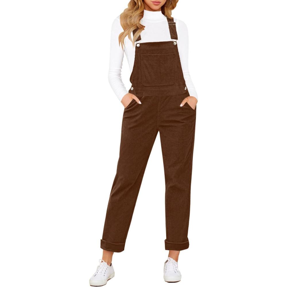 imageLookbookStore Womens Overalls Corduroy Bib Adjustable Straps Fashion Jumpsuit Overall for Women with PocketFriar Brown