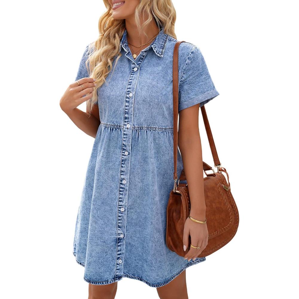 imageLookbookStore Womens Short Sleeve Button Down Flowy Tiered Babydoll Denim DressA2 Bay Blue
