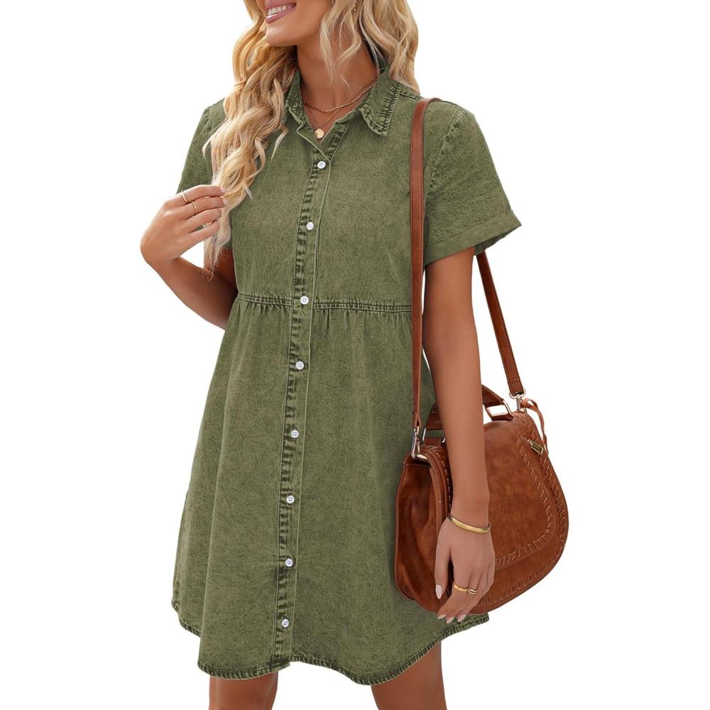 imageLookbookStore Womens Short Sleeve Button Down Flowy Tiered Babydoll Denim DressArmy Green