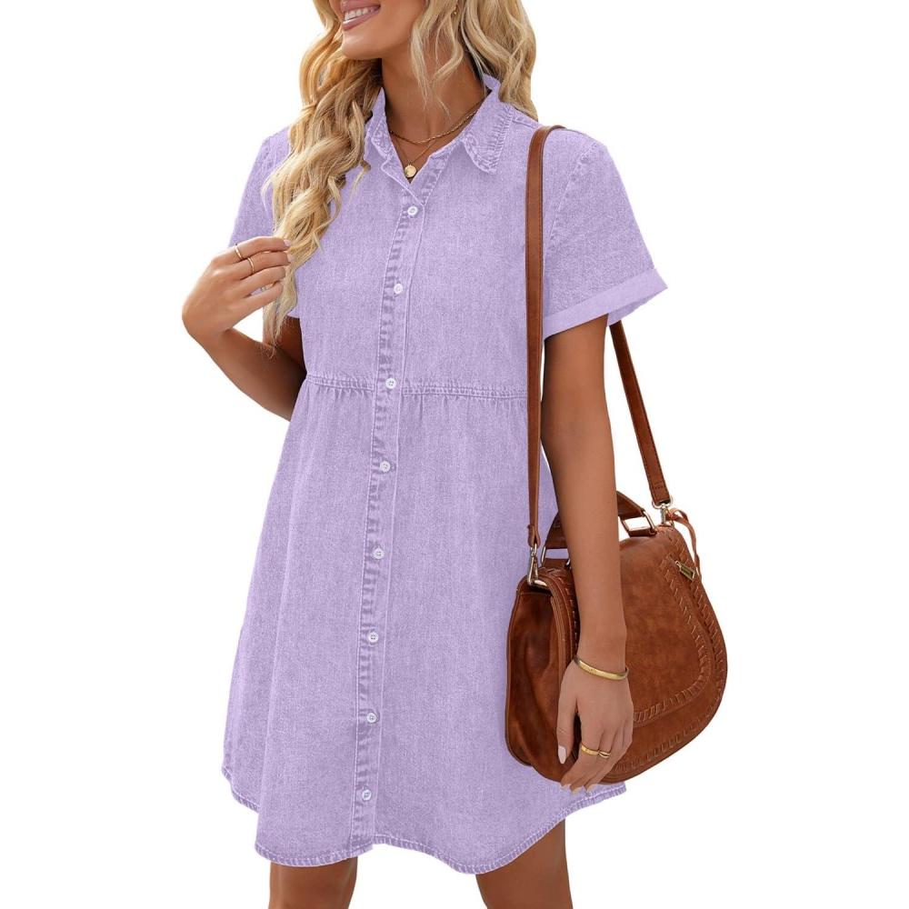 imageLookbookStore Womens Short Sleeve Button Down Flowy Tiered Babydoll Denim DressLavender