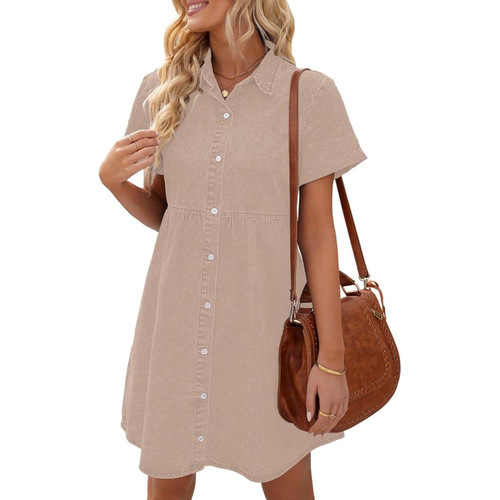 imageLookbookStore Womens Short Sleeve Button Down Flowy Tiered Babydoll Denim DressLight Taupe