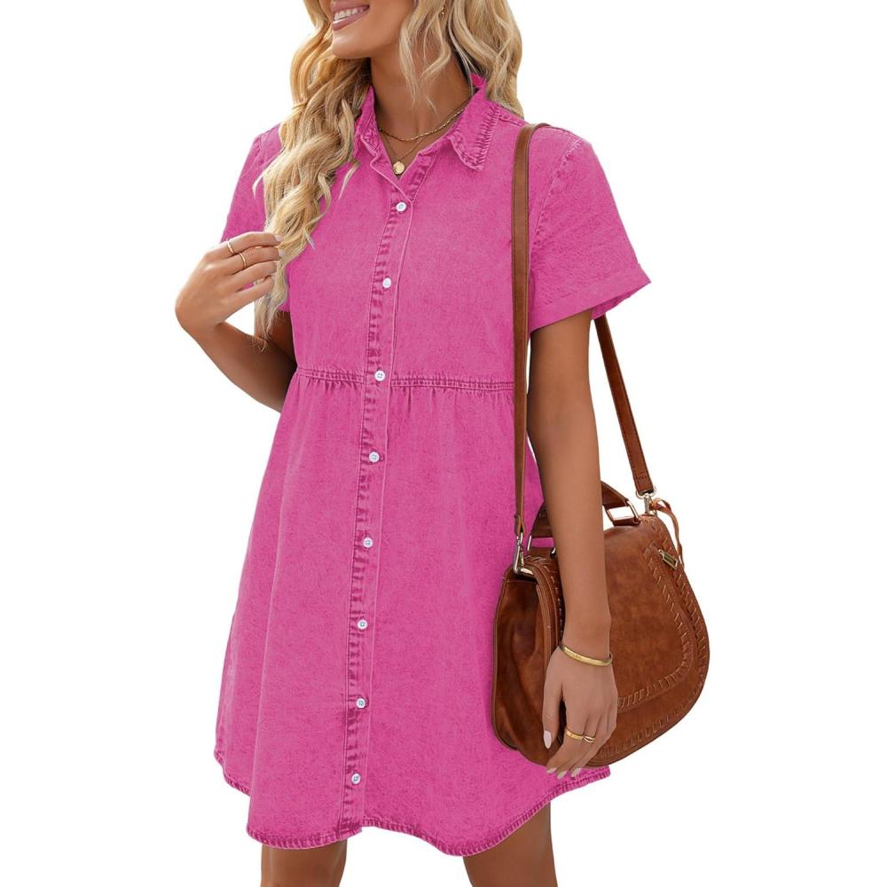 imageLookbookStore Womens Short Sleeve Button Down Flowy Tiered Babydoll Denim DressMagenta