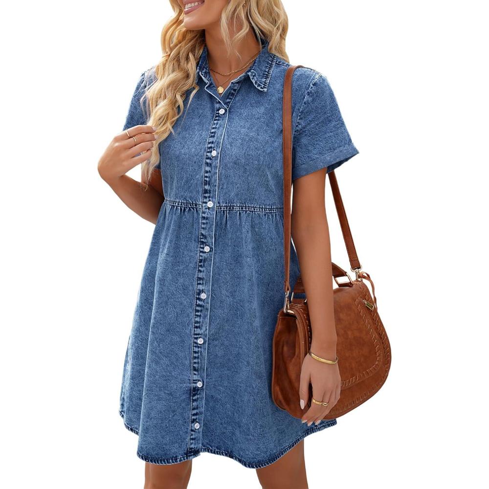 imageLookbookStore Womens Short Sleeve Button Down Flowy Tiered Babydoll Denim DressMedium Blue