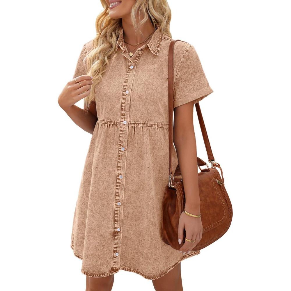 imageLookbookStore Womens Short Sleeve Button Down Flowy Tiered Babydoll Denim DressPecan Brown
