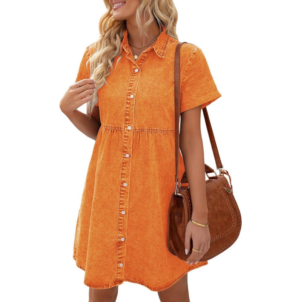 imageLookbookStore Womens Short Sleeve Button Down Flowy Tiered Babydoll Denim DressRusset Orange