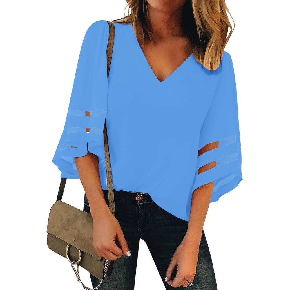 imageLookbookStore Womens V Neck Mesh Panel Blouse 34 Bell Sleeve Loose Top ShirtAzure Blue