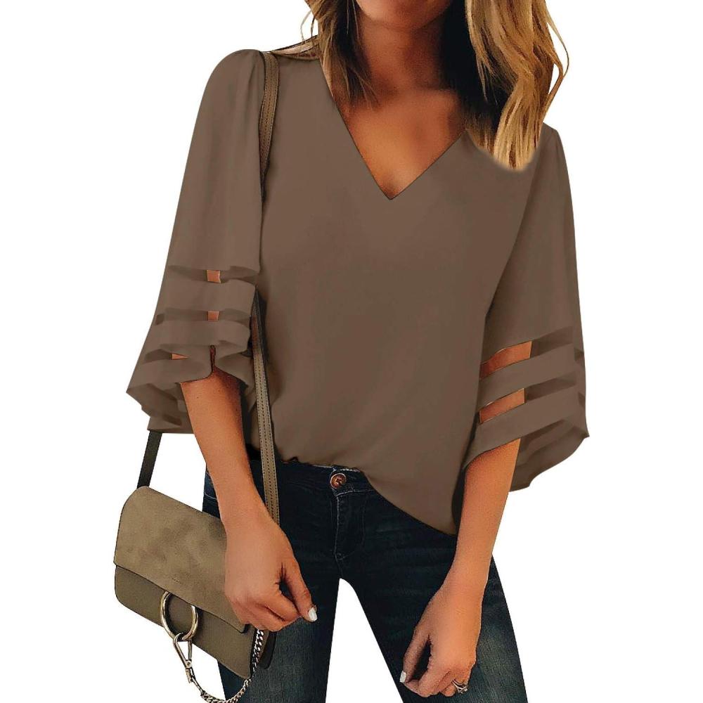 imageLookbookStore Womens V Neck Mesh Panel Blouse 34 Bell Sleeve Loose Top ShirtBrown