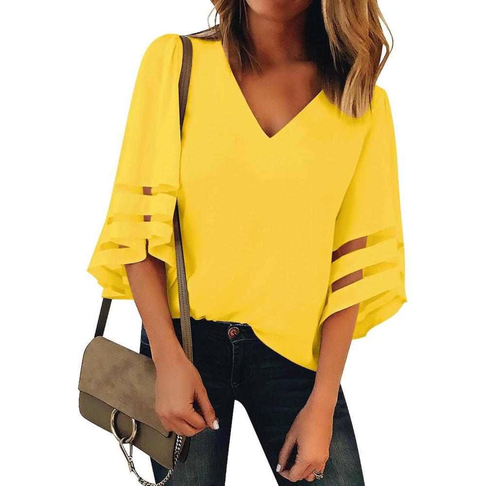 imageLookbookStore Womens V Neck Mesh Panel Blouse 34 Bell Sleeve Loose Top ShirtButtercup Yellow