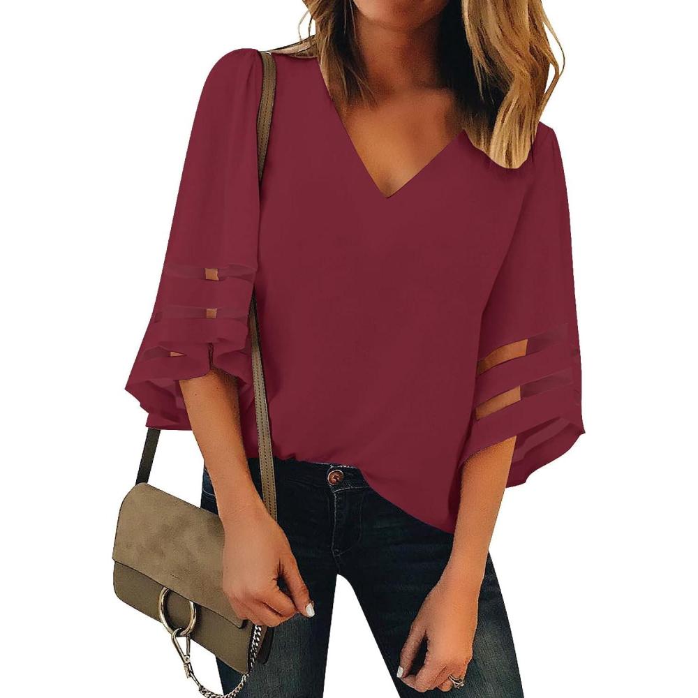 imageLookbookStore Womens V Neck Mesh Panel Blouse 34 Bell Sleeve Loose Top ShirtCordovan Red