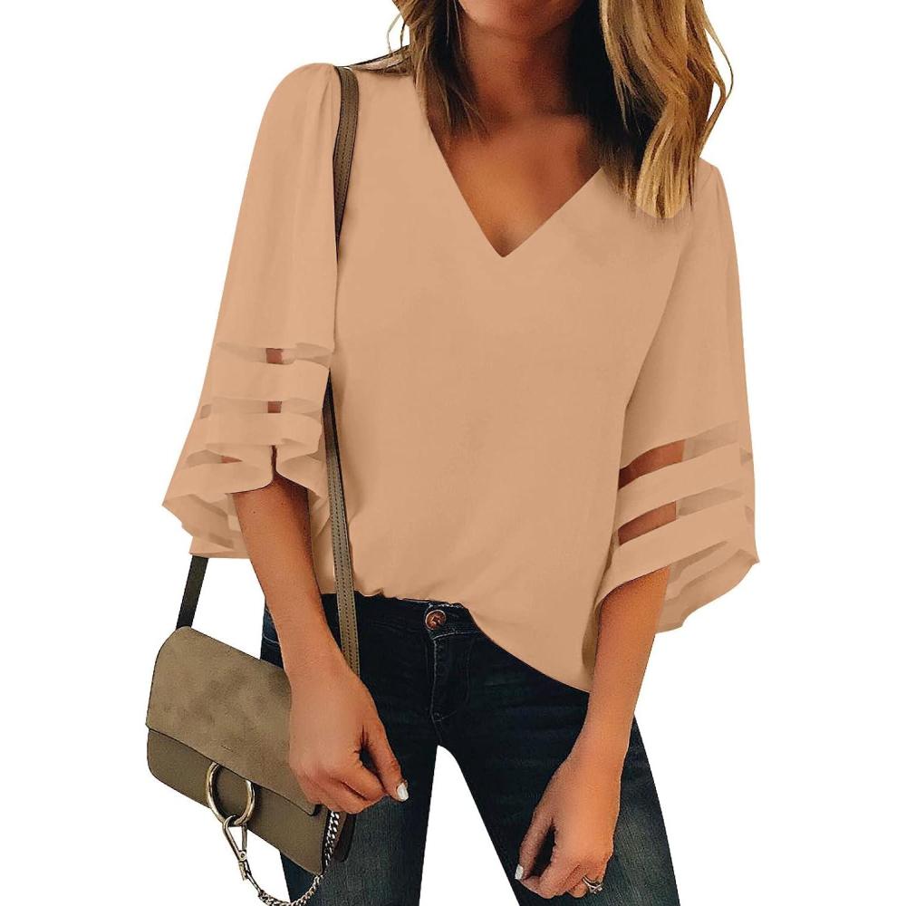 imageLookbookStore Womens V Neck Mesh Panel Blouse 34 Bell Sleeve Loose Top ShirtFallow Brown