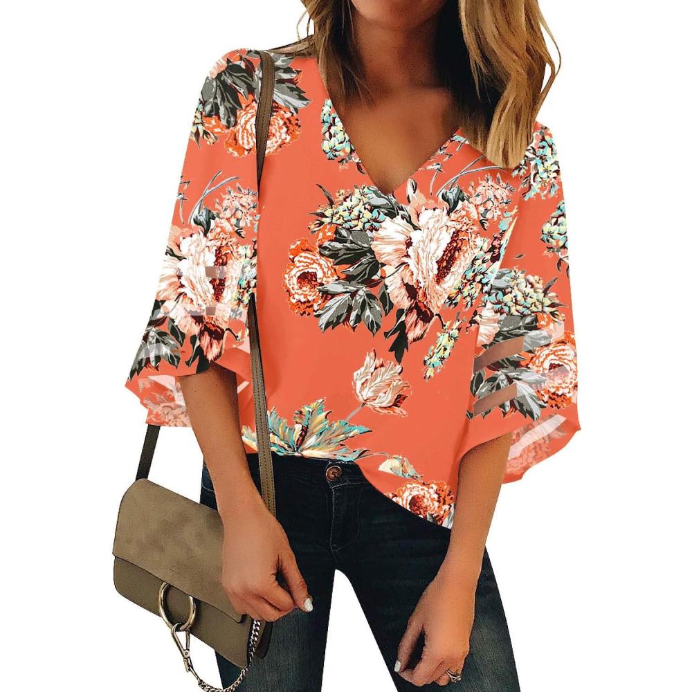 imageLookbookStore Womens V Neck Mesh Panel Blouse 34 Bell Sleeve Loose Top ShirtFloral Print Salmon