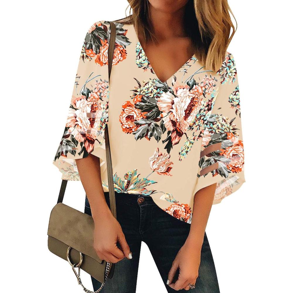 imageLookbookStore Womens V Neck Mesh Panel Blouse 34 Bell Sleeve Loose Top ShirtFloral Print Wheat