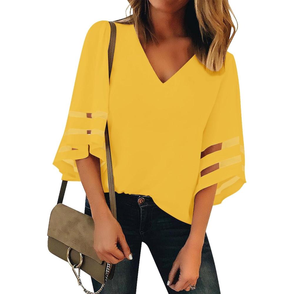 imageLookbookStore Womens V Neck Mesh Panel Blouse 34 Bell Sleeve Loose Top ShirtGold Lemon