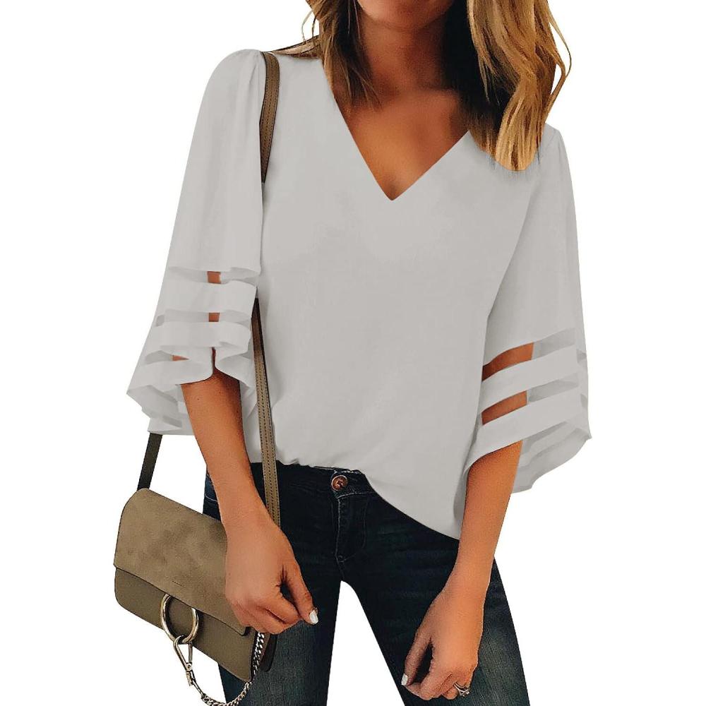 imageLookbookStore Womens V Neck Mesh Panel Blouse 34 Bell Sleeve Loose Top ShirtGrey