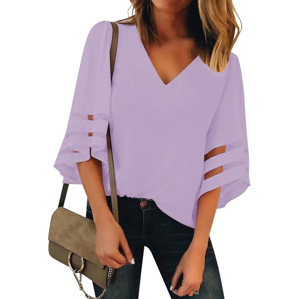 imageLookbookStore Womens V Neck Mesh Panel Blouse 34 Bell Sleeve Loose Top ShirtLight Purple