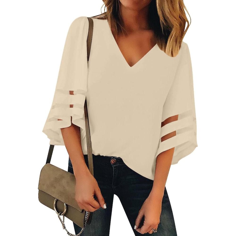 imageLookbookStore Womens V Neck Mesh Panel Blouse 34 Bell Sleeve Loose Top ShirtLight Yellow