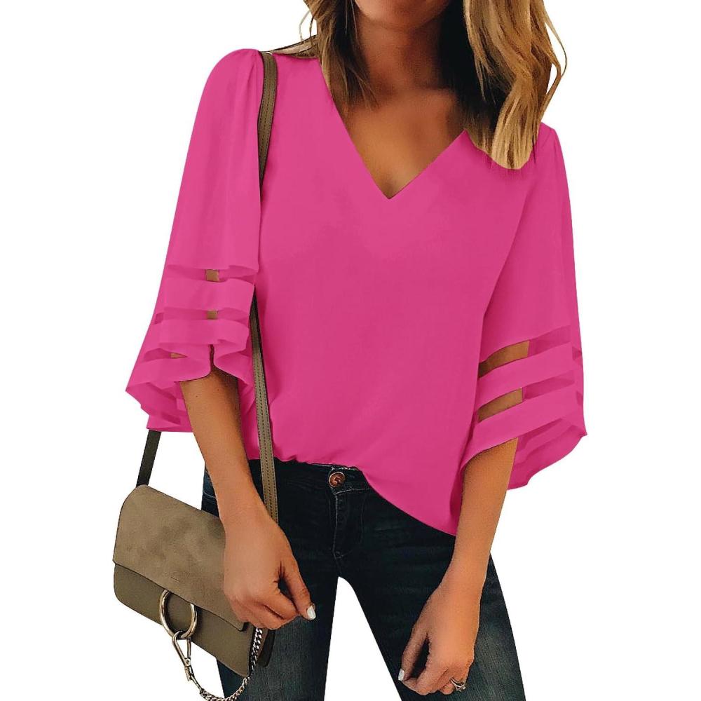 imageLookbookStore Womens V Neck Mesh Panel Blouse 34 Bell Sleeve Loose Top ShirtMagenta