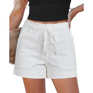 Lookbook Store Jean Shorts for Women High Waisted Drawstring Pull On Elastic Waist Stretchy Denim Shorts Wide Leg Jorts(Cream White)