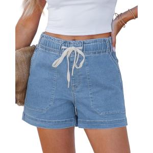 Lookbook Store Jean Shorts for Women High Waisted Drawstring Pull On Elastic Waist Stretchy Denim Shorts Wide Leg Jorts(Lakeside Blue)