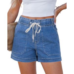 Lookbook Store Jean Shorts for Women High Waisted Drawstring Pull On Elastic Waist Stretchy Denim Shorts Wide Leg Jorts(Medium Blue)