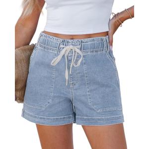 Lookbook Store Jean Shorts for Women High Waisted Drawstring Pull On Elastic Waist Stretchy Denim Shorts Wide Leg Jorts(Roadknight Blue)