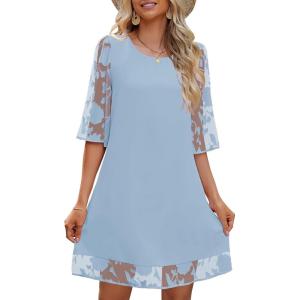 LookbookStore 3/4 Sleeve Dress for Women Shift Cute Summer Tunic Floral Lace Dresses(Airy Blue)