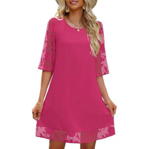 LookbookStore 3/4 Sleeve Dress for Women Shift Cute Summer Tunic Floral Lace Dresses(Aurora Pink)