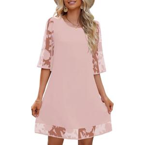 LookbookStore 3/4 Sleeve Dress for Women Shift Cute Summer Tunic Floral Lace Dresses(Baby Pink)