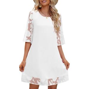 LookbookStore 3/4 Sleeve Dress for Women Shift Cute Summer Tunic Floral Lace Dresses(Brilliant White)