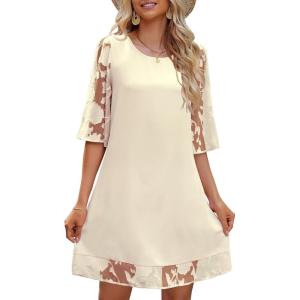 LookbookStore 3/4 Sleeve Dress for Women Shift Cute Summer Tunic Floral Lace Dresses(Cannoli Cream)