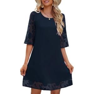 LookbookStore 3/4 Sleeve Dress for Women Shift Cute Summer Tunic Floral Lace Dresses(Dark Sapphire)
