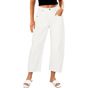 LookbookStore Barrel Jeans for Women High Waisted Cropped Wide Leg Trendy Baggy Distressed Stretchy Denim Jean Pants(Cream White)