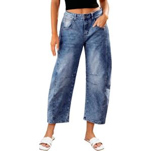 LookbookStore Barrel Jeans for Women High Waisted Cropped Wide Leg Trendy Baggy Distressed Stretchy Denim Jean Pants(Midnight Blue)