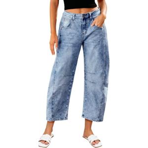 LookbookStore Barrel Jeans for Women High Waisted Cropped Wide Leg Trendy Baggy Distressed Stretchy Denim Jean Pants(Reef Blue)