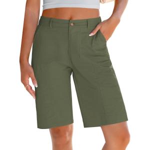 LookbookStore Bermuda Shorts for Women Cotton Knee Length High Waisted Elastic Waist Summer Dressy Casual Long Shorts(Army Green)