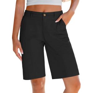 LookbookStore Bermuda Shorts for Women Cotton Knee Length High Waisted Elastic Waist Summer Dressy Casual Long Shorts(Black)