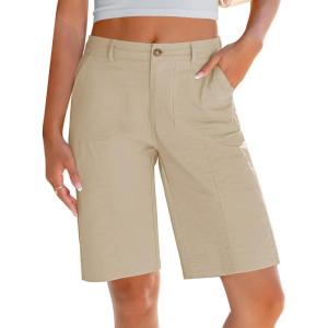 LookbookStore Bermuda Shorts for Women Cotton Knee Length High Waisted Elastic Waist Summer Dressy Casual Long Shorts(Light Khaki)