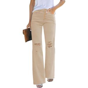 LookbookStore High Waisted Ripped Flare Jeans for Women Distressed Bell Bottom Jeans Wide Leg Pants(Desert Sand)