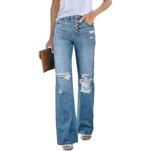 LookbookStore High Waisted Ripped Flare Jeans for Women Distressed Bell Bottom Jeans Wide Leg Pants(Lapis Air)