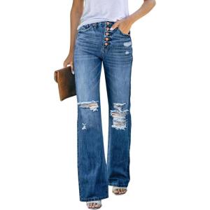 LookbookStore High Waisted Ripped Flare Jeans for Women Distressed Bell Bottom Jeans Wide Leg Pants(Lapis Longing)