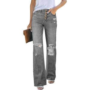 LookbookStore High Waisted Ripped Flare Jeans for Women Distressed Bell Bottom Jeans Wide Leg Pants(Stone Gray)