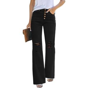 LookbookStore High Waisted Ripped Flare Jeans for Women Distressed Bell Bottom Jeans Wide Leg Pants(True Black)