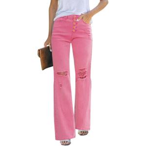 LookbookStore High Waisted Ripped Flare Jeans for Women Distressed Bell Bottom Jeans Wide Leg Pants(Z1 Candy Pink)