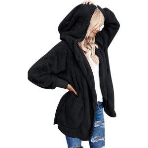 LookbookStore Hooded Faux Fleece Fur Coat Cardigan Jacket for Women Size(Black)