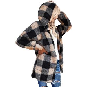 LookbookStore Hooded Faux Fleece Fur Coat Cardigan Jacket for Women Size(Black Apricot Plaid)