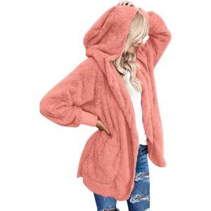 LookbookStore Hooded Faux Fleece Fur Coat Cardigan Jacket for Women Size(Georgia Peach)
