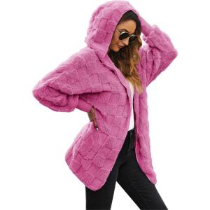 LookbookStore Hooded Faux Fleece Fur Coat Cardigan Jacket for Women Size(Hot Pink – Checkered)