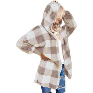 LookbookStore Hooded Faux Fleece Fur Coat Cardigan Jacket for Women Size(Taupe Plaid)