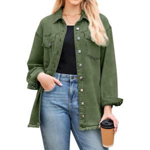 LookbookStore Jean Jacket Women Trendy Oversized Button Down Long Sleeve Frayed Hem Denim Shirt Jackets Distress Shacket(Elm Green)